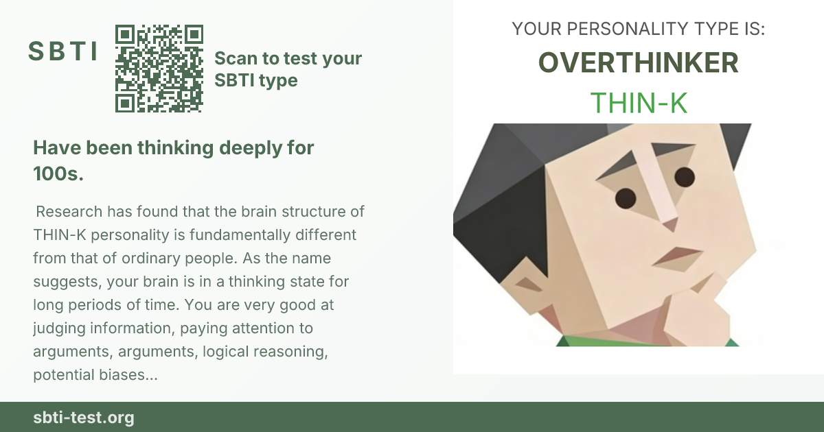 Carte de partage SBTI pour THIN-K Trop réfléchi, avec le visuel du type et son titre