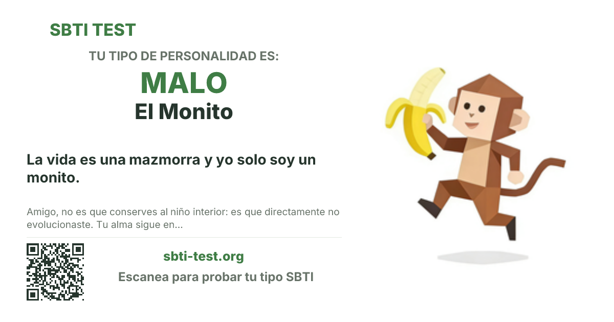 Tarjeta para compartir de SBTI para MALO El Monito, con la ilustración y el título del tipo