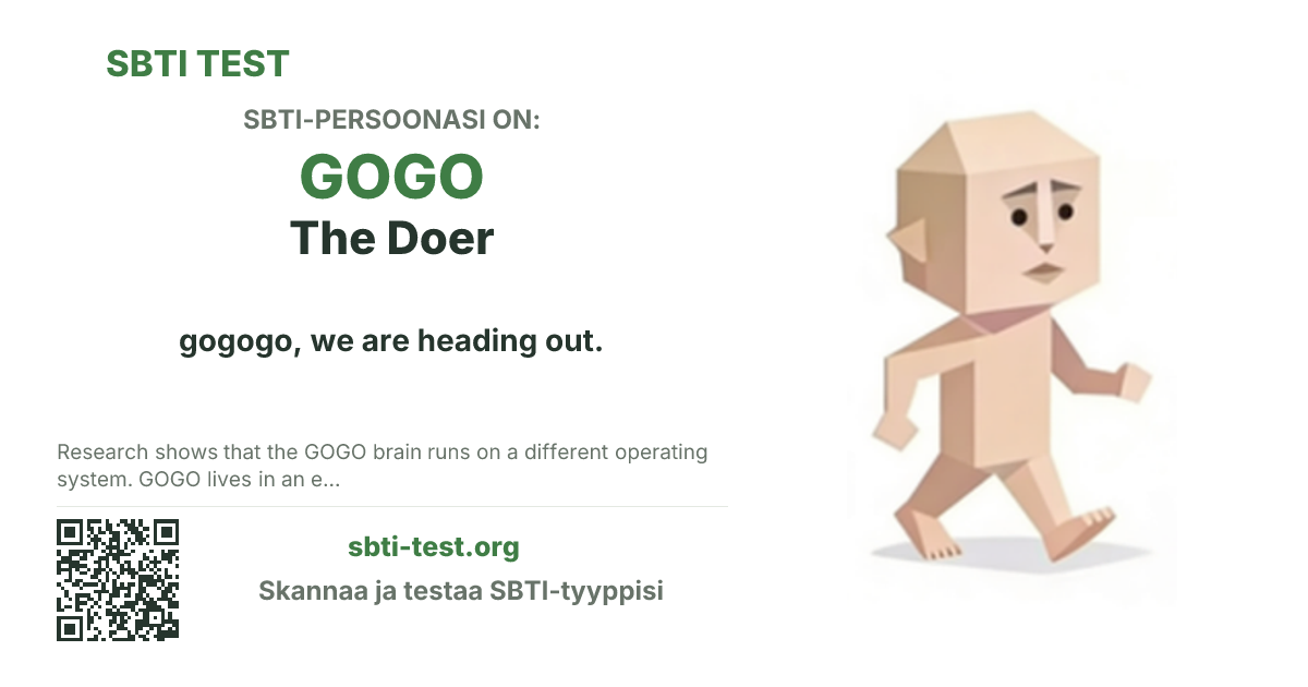 SBTI-jakokortti tyypille GOGO The Doer, jossa näkyvät tyypin pääkuva ja otsikkoteksti