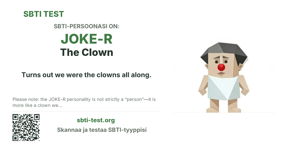 SBTI-jakokortti tyypille JOKE-R The Clown, jossa näkyvät tyypin pääkuva ja otsikkoteksti