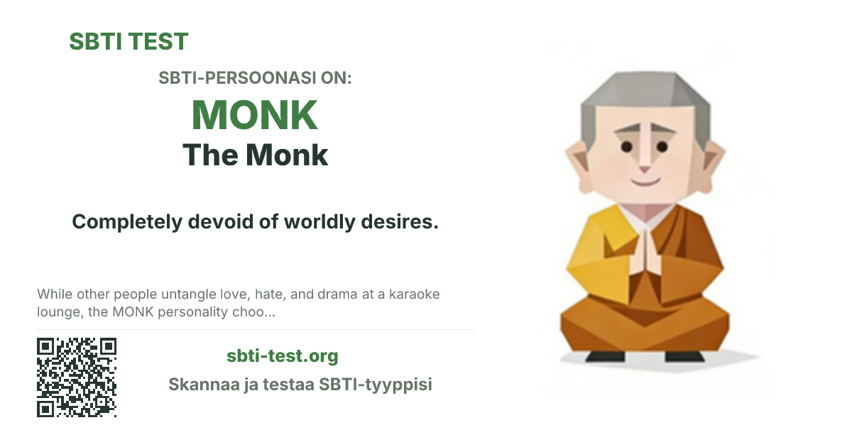 SBTI-jakokortti tyypille MONK The Monk, jossa näkyvät tyypin pääkuva ja otsikkoteksti