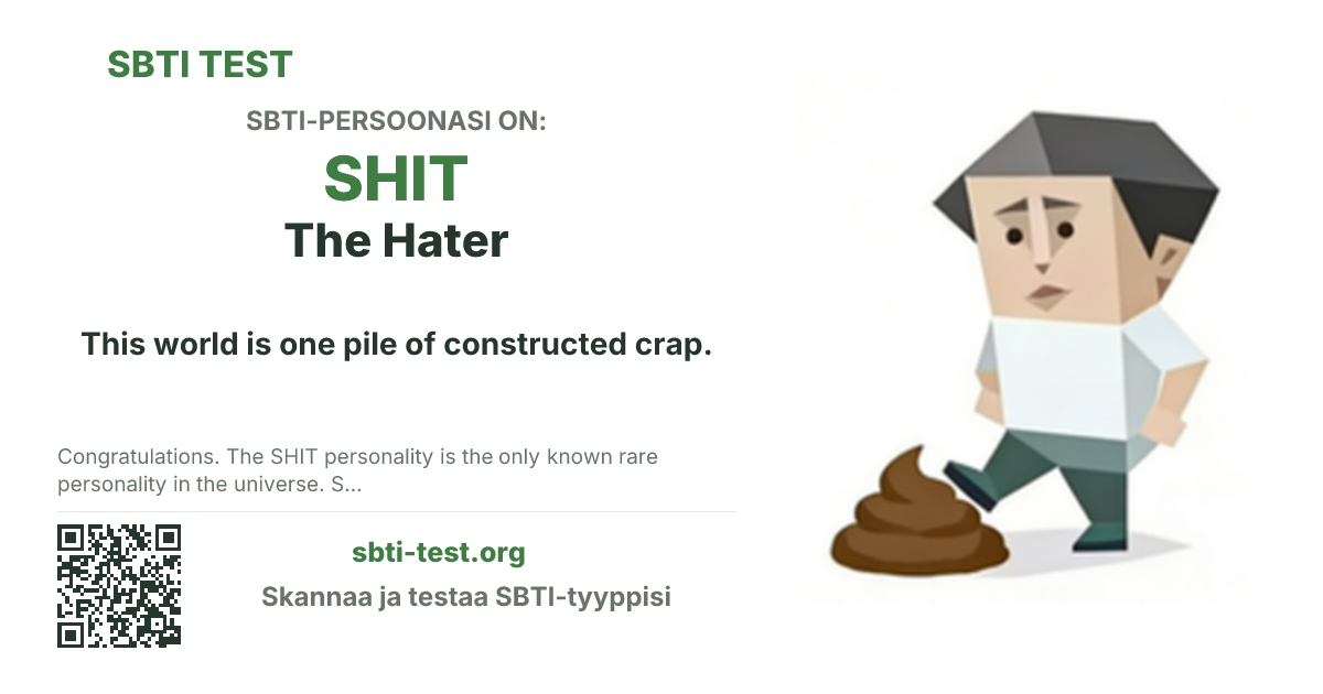 SBTI-jakokortti tyypille SHIT The Hater, jossa näkyvät tyypin pääkuva ja otsikkoteksti