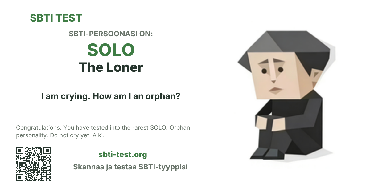 SBTI-jakokortti tyypille SOLO The Loner, jossa näkyvät tyypin pääkuva ja otsikkoteksti