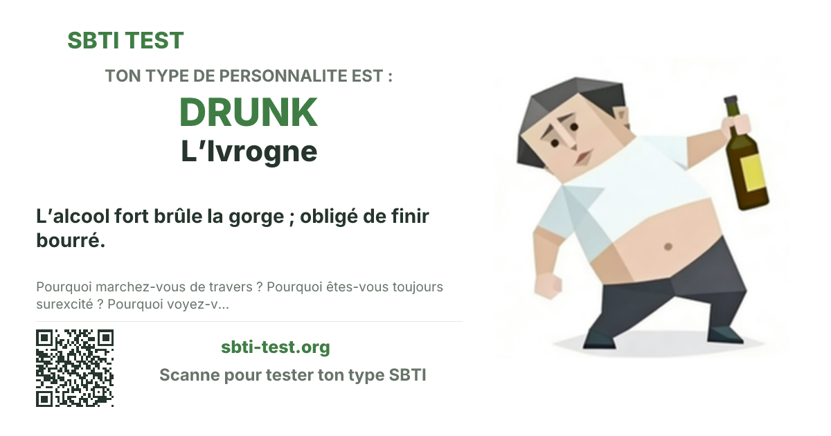 Carte de partage SBTI pour DRUNK L’Ivrogne, avec le visuel du type et son titre