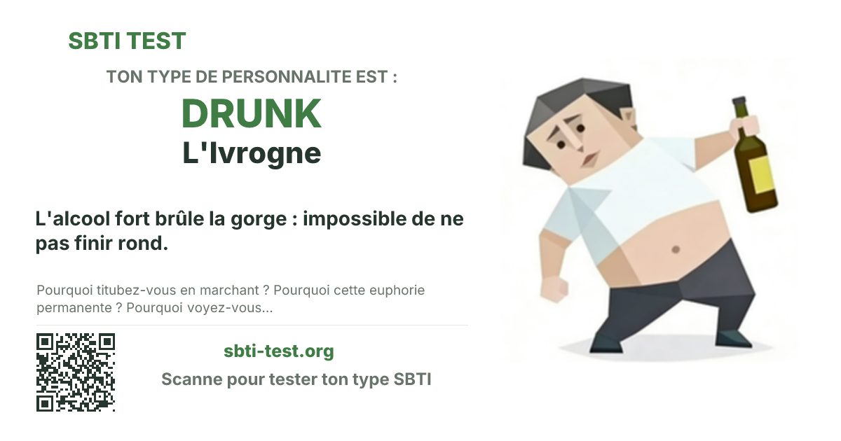 Carte de partage SBTI pour DRUNK L'Ivrogne, avec le visuel du type et son titre