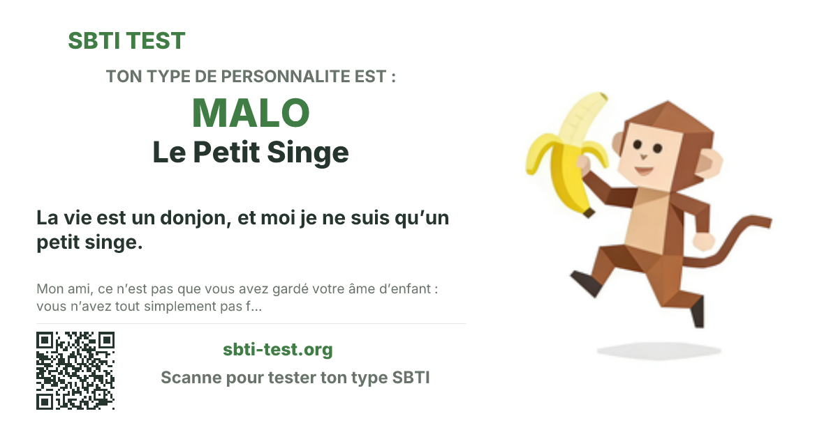 Carte de partage SBTI pour MALO Le Petit Singe, avec le visuel du type et son titre