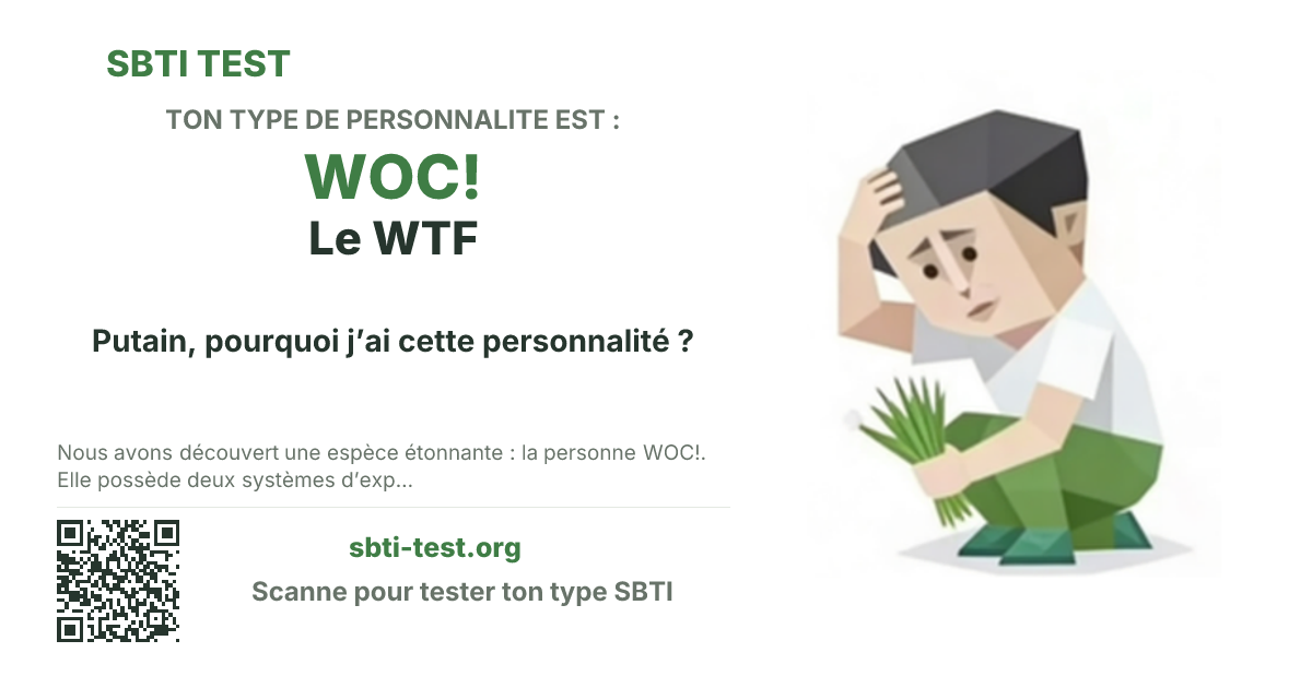 Carte de partage SBTI pour WOC! Le WTF, avec le visuel du type et son titre