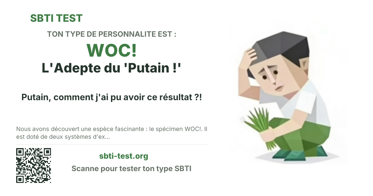 Carte de partage SBTI pour WOC! L'Adepte du 'Putain !', avec le visuel du type et son titre