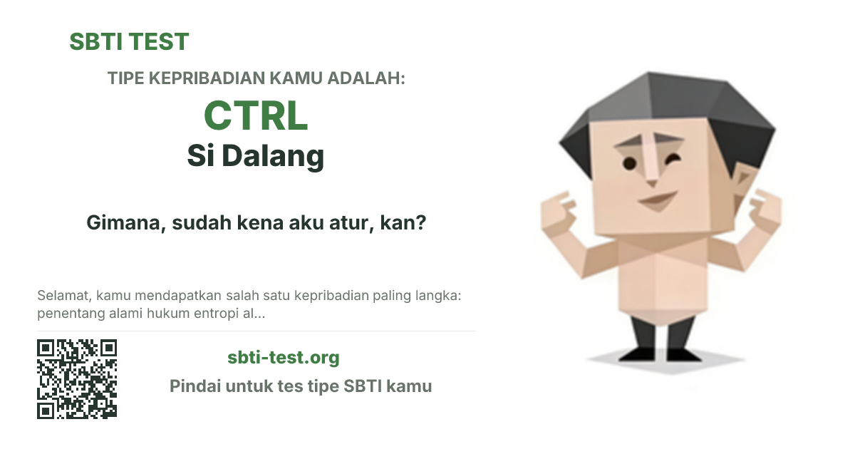 Kartu bagikan SBTI untuk CTRL Si Dalang, menampilkan ilustrasi tipe dan judul