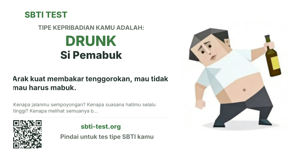 Kartu bagikan SBTI untuk DRUNK Si Pemabuk, menampilkan ilustrasi tipe dan judul
