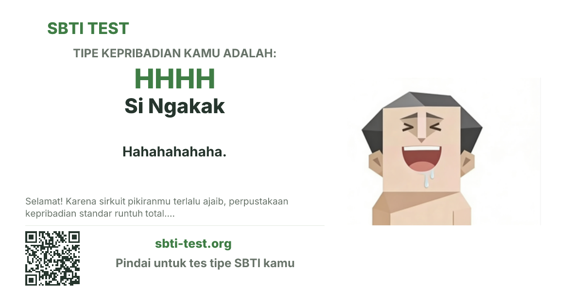 Kartu bagikan SBTI untuk HHHH Si Ngakak, menampilkan ilustrasi tipe dan judul