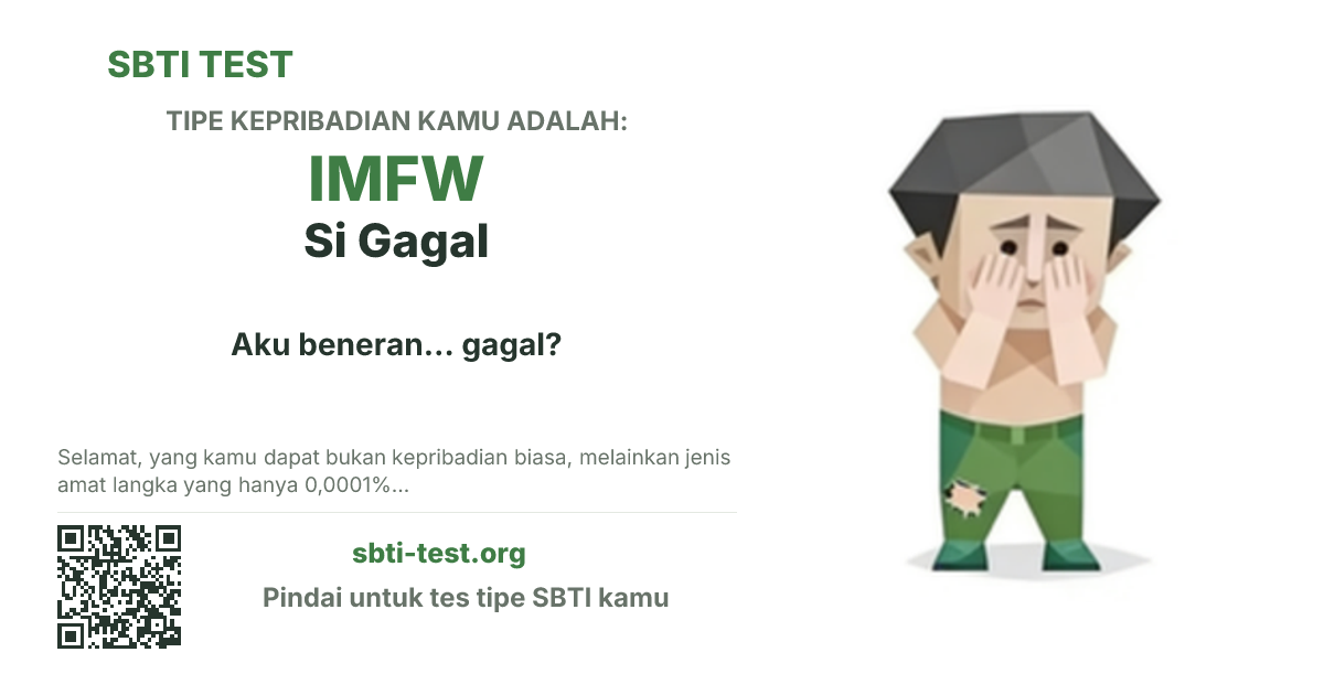 Kartu bagikan SBTI untuk IMFW Si Gagal, menampilkan ilustrasi tipe dan judul