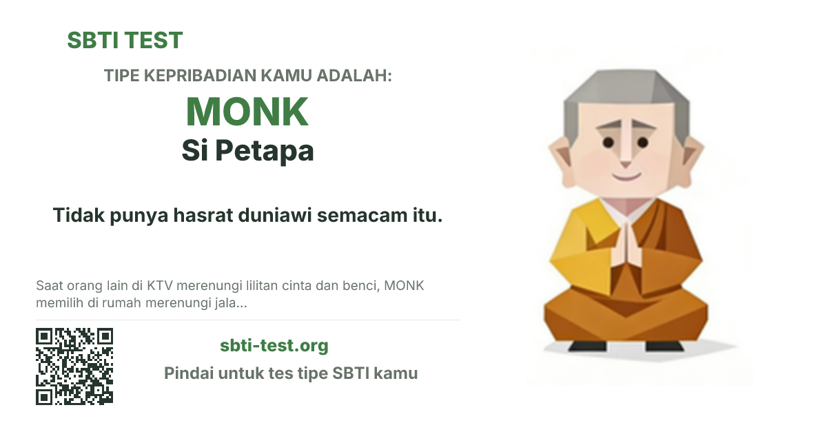Kartu bagikan SBTI untuk MONK Si Petapa, menampilkan ilustrasi tipe dan judul