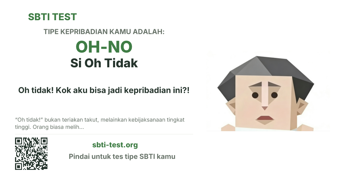Kartu bagikan SBTI untuk OH-NO Si Oh Tidak, menampilkan ilustrasi tipe dan judul