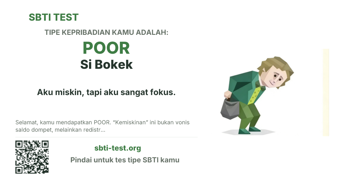 Kartu bagikan SBTI untuk POOR Si Bokek, menampilkan ilustrasi tipe dan judul