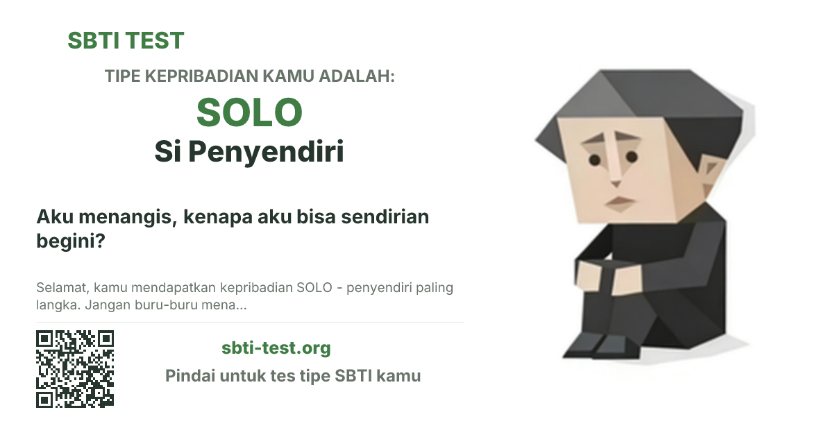 Kartu bagikan SBTI untuk SOLO Si Penyendiri, menampilkan ilustrasi tipe dan judul