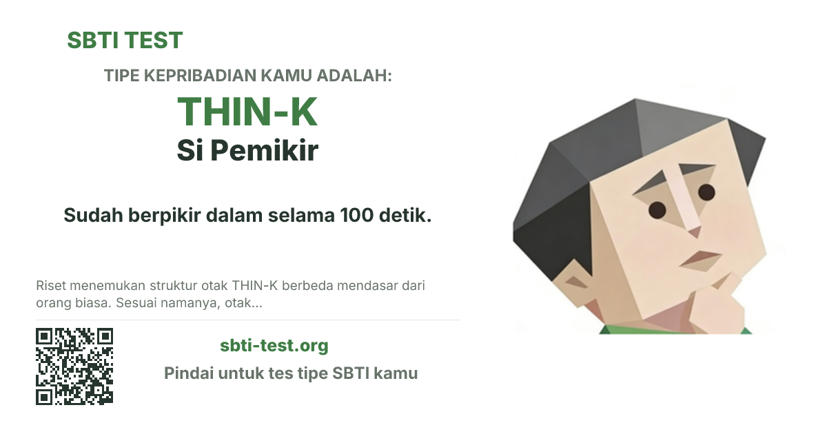 Kartu bagikan SBTI untuk THIN-K Si Pemikir, menampilkan ilustrasi tipe dan judul