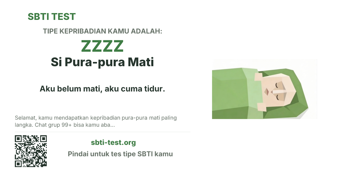 Kartu bagikan SBTI untuk ZZZZ Si Pura-pura Mati, menampilkan ilustrasi tipe dan judul