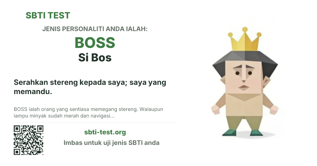 Kad kongsi SBTI untuk BOSS Si Bos dengan visual jenis dan tajuk
