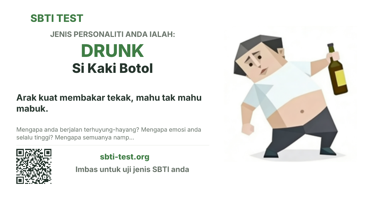Kad kongsi SBTI untuk DRUNK Si Kaki Botol dengan visual jenis dan tajuk