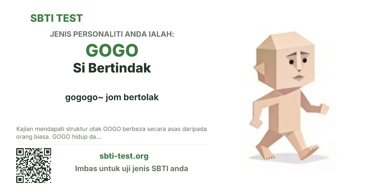 Kad kongsi SBTI untuk GOGO Si Jom Gerak dengan visual jenis dan tajuk