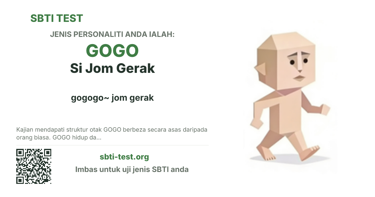 Kad kongsi SBTI untuk GOGO Si Jom Gerak dengan visual jenis dan tajuk