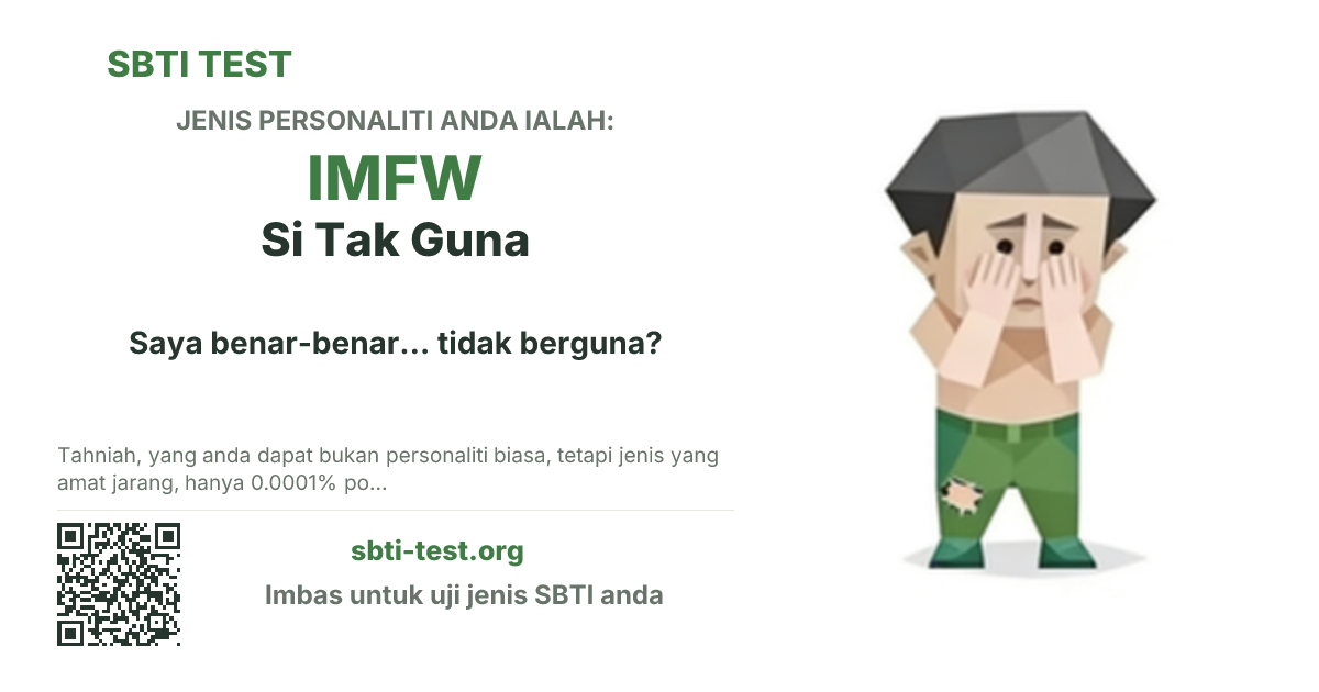 Kad kongsi SBTI untuk IMFW Si Tak Guna dengan visual jenis dan tajuk