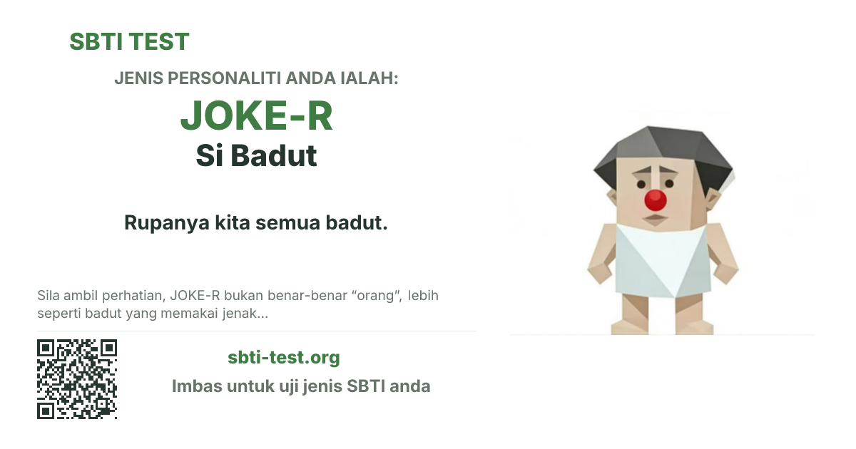 Kad kongsi SBTI untuk JOKE-R Si Badut dengan visual jenis dan tajuk