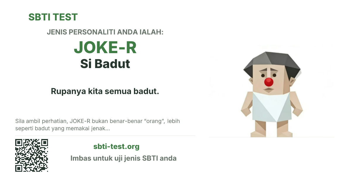 Kad kongsi SBTI untuk JOKE-R Si Badut dengan visual jenis dan tajuk