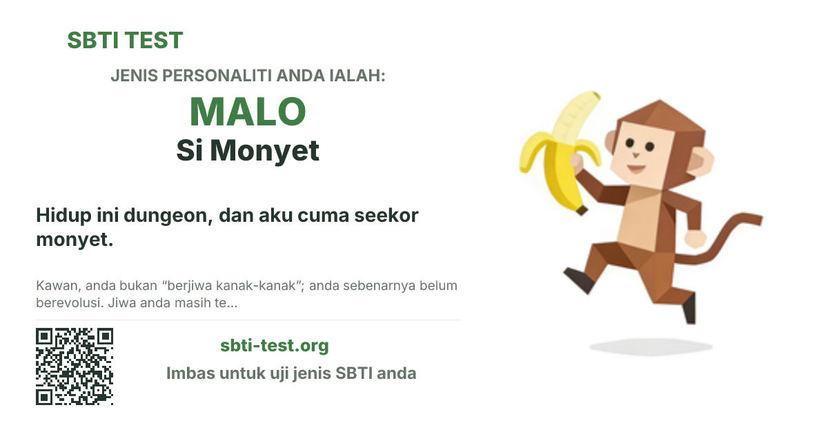 Kad kongsi SBTI untuk MALO Si Monyet dengan visual jenis dan tajuk