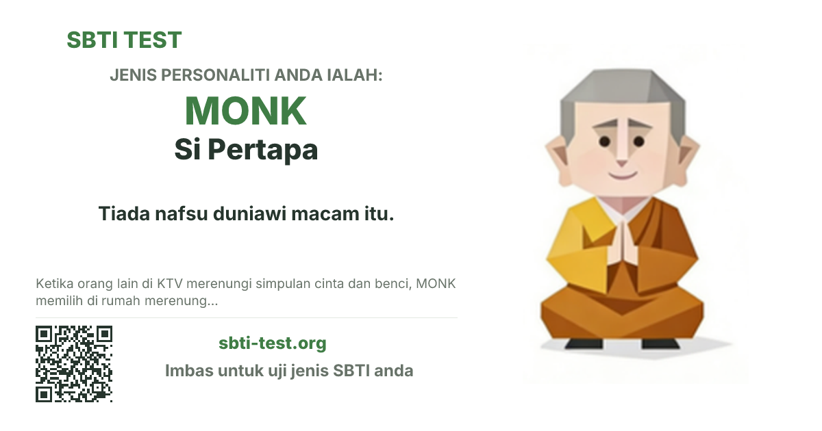 Kad kongsi SBTI untuk MONK Si Pertapa dengan visual jenis dan tajuk