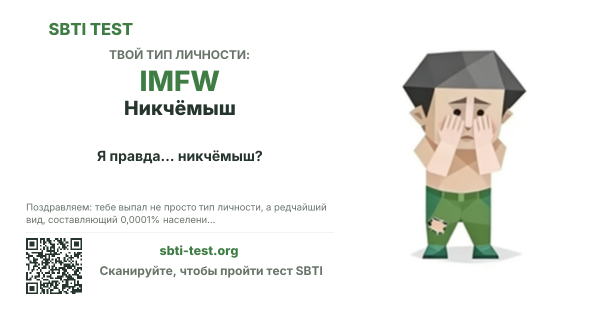 Карточка SBTI для IMFW Никчёмыш с визуалом типа и заголовком для шаринга