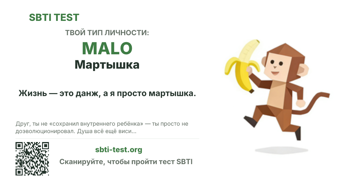 Карточка SBTI для MALO Мартышка с визуалом типа и заголовком для шаринга