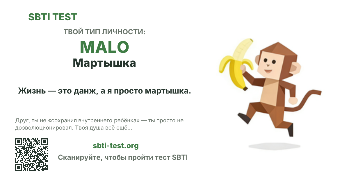 Карточка SBTI для MALO Мартышка с визуалом типа и заголовком для шаринга