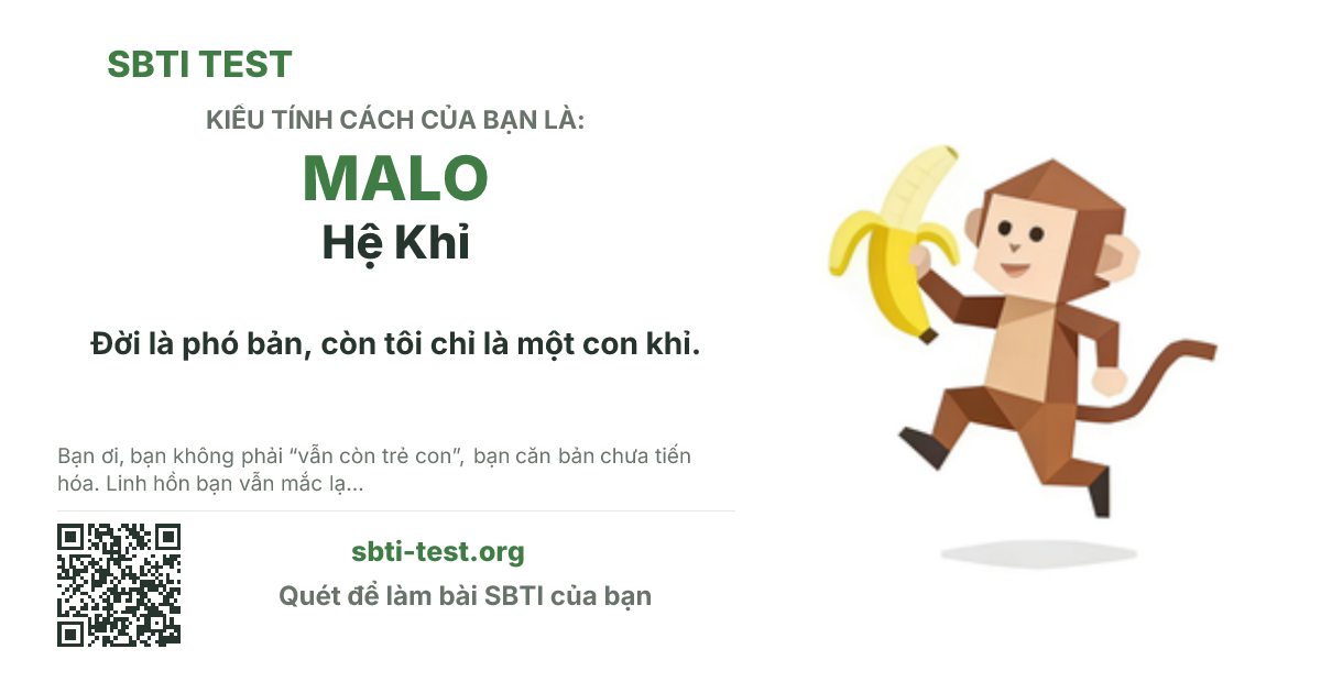 Ảnh thẻ chia sẻ SBTI cho MALO Hệ Khỉ, hiển thị hình kiểu SBTI và tiêu đề