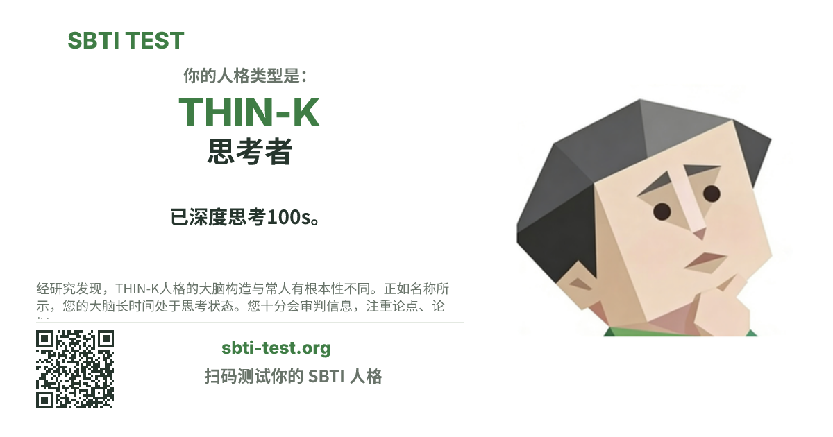 SBTI 测试中 THIN-K 思考者 类型的分享卡图,展示类型主视觉和标题文案